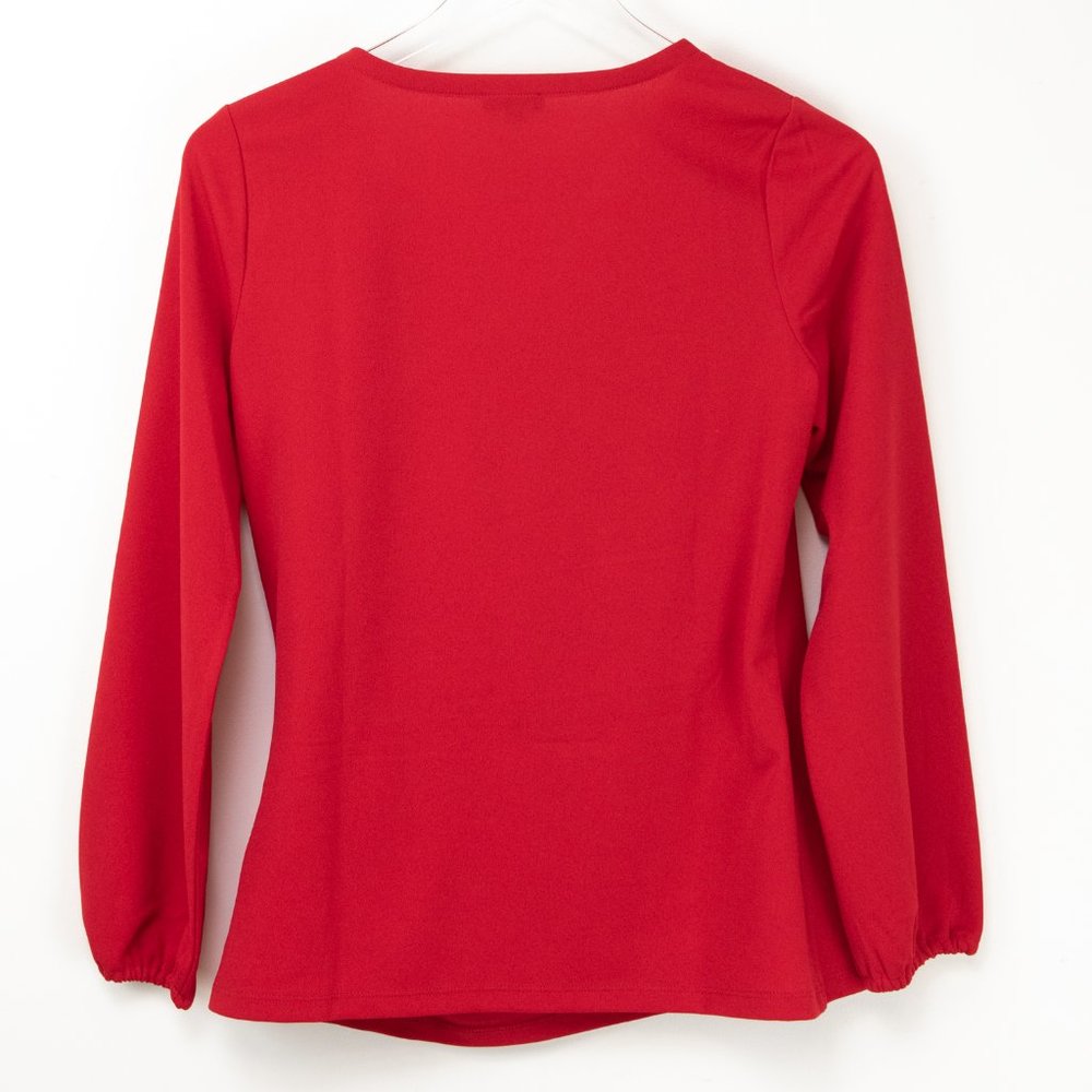 Talbots Crepe Top V-neck Blouse Faux Wrap Shirt Red Size Medium Petite Short New - Picture 3 of 7
